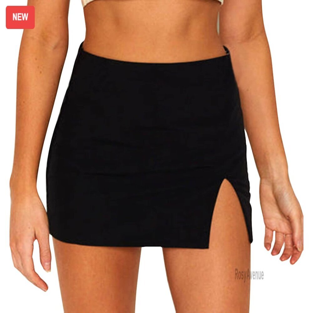 High Waisted Bodycon Mini Skirt with Slit Stretch Fitted Women's